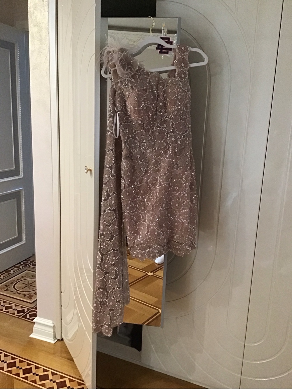 Embellished One-Shoulder Lace Dress in Dusty Pink
